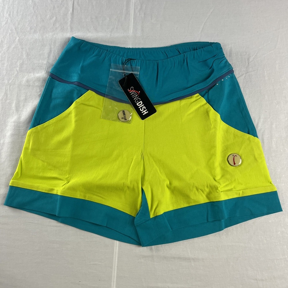 Swingdish Golf Shorts Womens Small Teal Lime‎ Green Colorblock Rhinestone New
